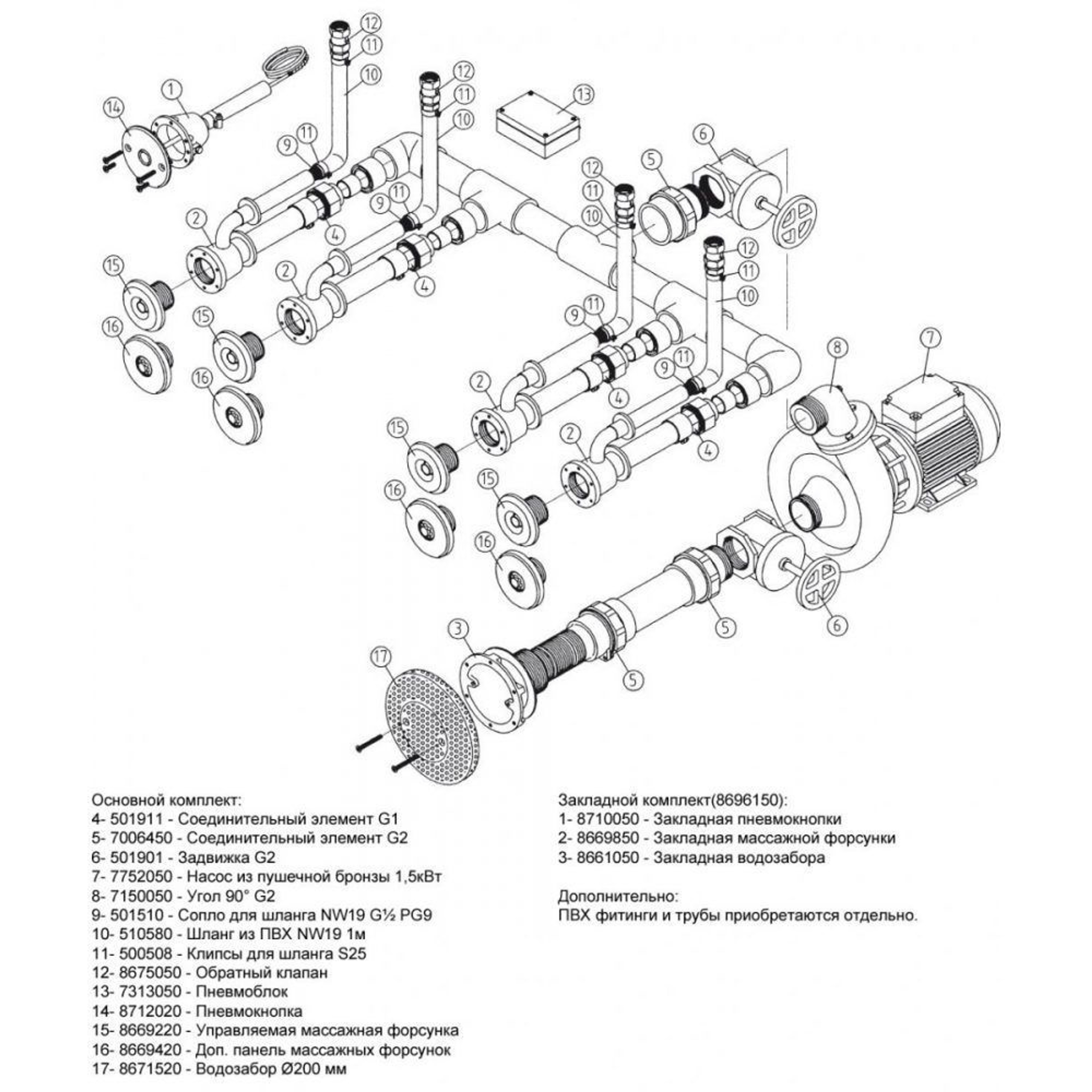 Гидромассаж Фитстар Standard 8697120 (220 В, 1,5 Квт) компл: насос, блок упр., 4 форсунки, 1 водозабор, пьезокнопка, Артикул: 19473, Оборудование для бассейнов