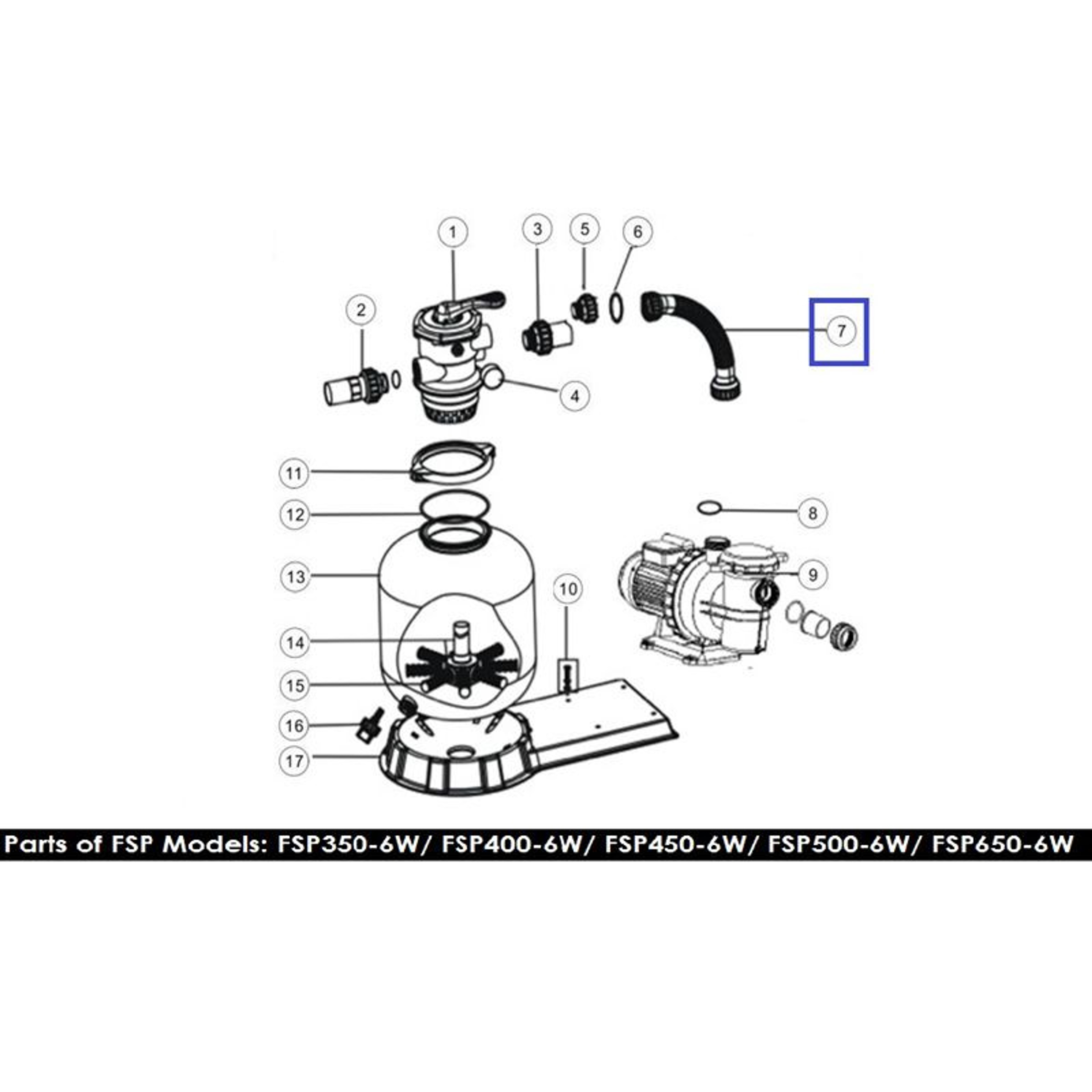 Шланг подключения с муфтами для ф/у Emaux FSP500-6-Way (89031801), Артикул: 15985, Для фильтров и фильтрационных установок