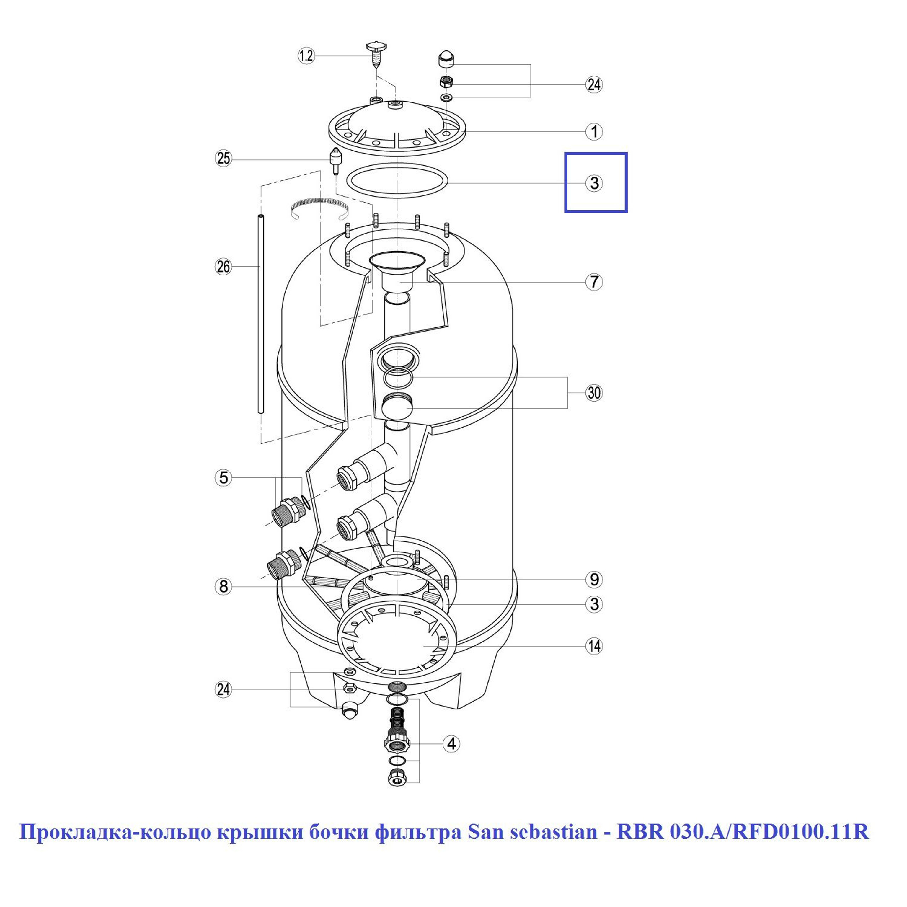 Прокладка-кольцо крышки бочки фильтра San sebastian - RBR 030.A/RFD0100.11R, Артикул: 16067, Для фильтров и фильтрационных установок