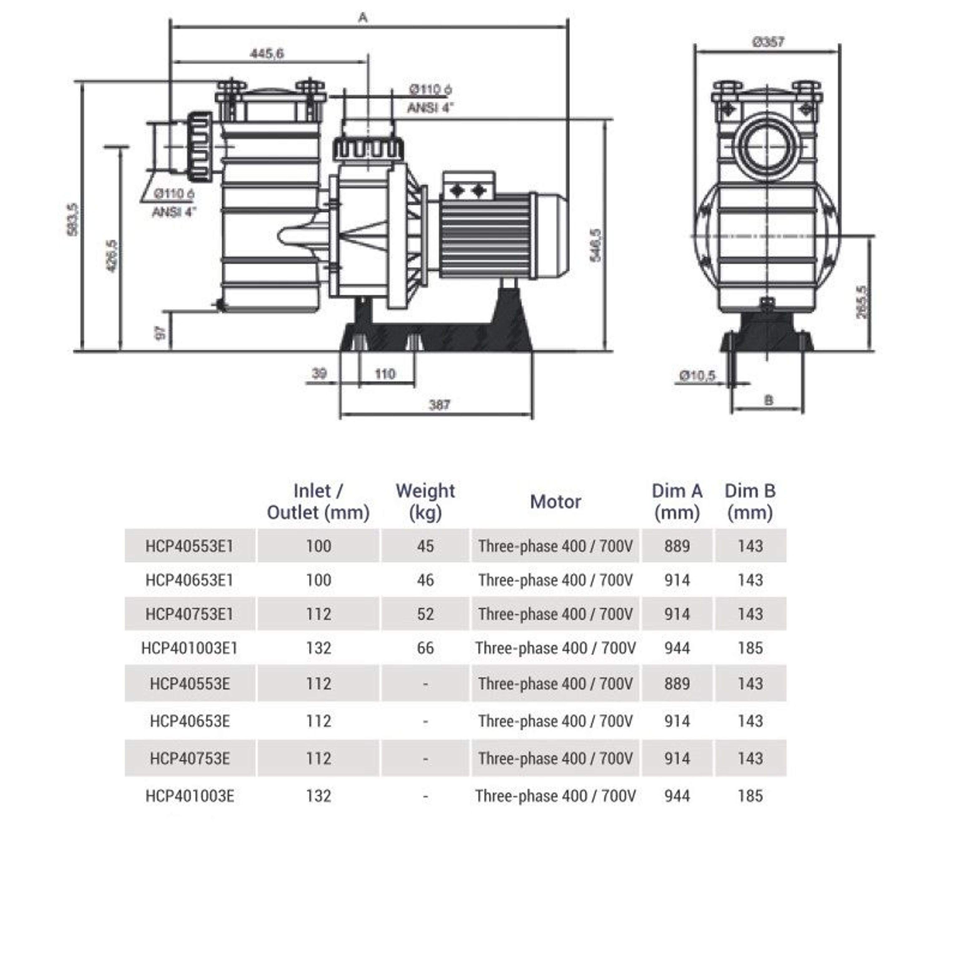 Насос для бассейна Hayward HCP40553E KAN510 (76м³/ч*10м 4.71кВт 380В), Артикул: 17807