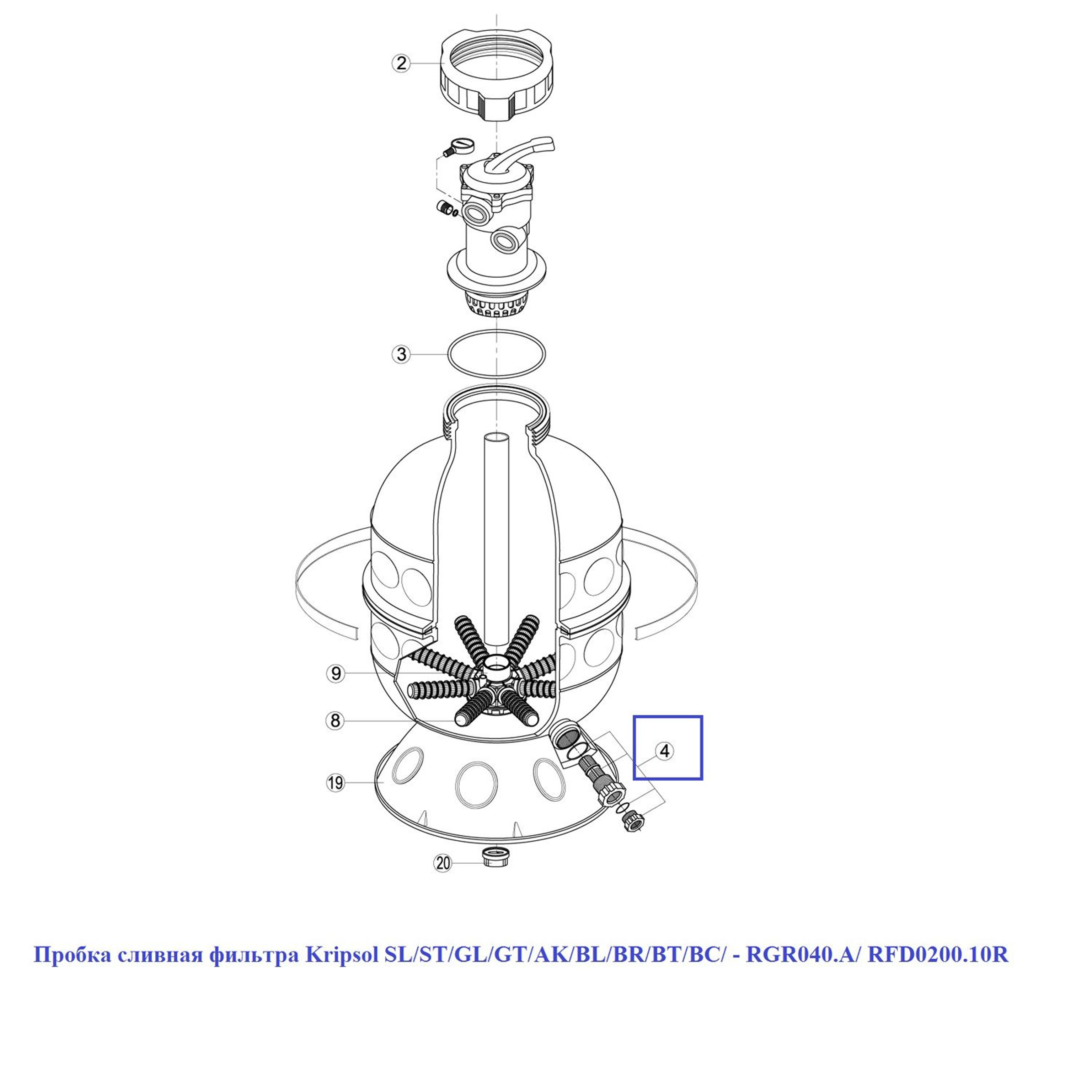 Пробка сливная фильтра Kripsol SL/ST/GL/GT/AK/BL/BR/BT/BC/ - RGR040.A/ RFD0200.10R, Артикул: 15889, Для фильтров и фильтрационных установок
