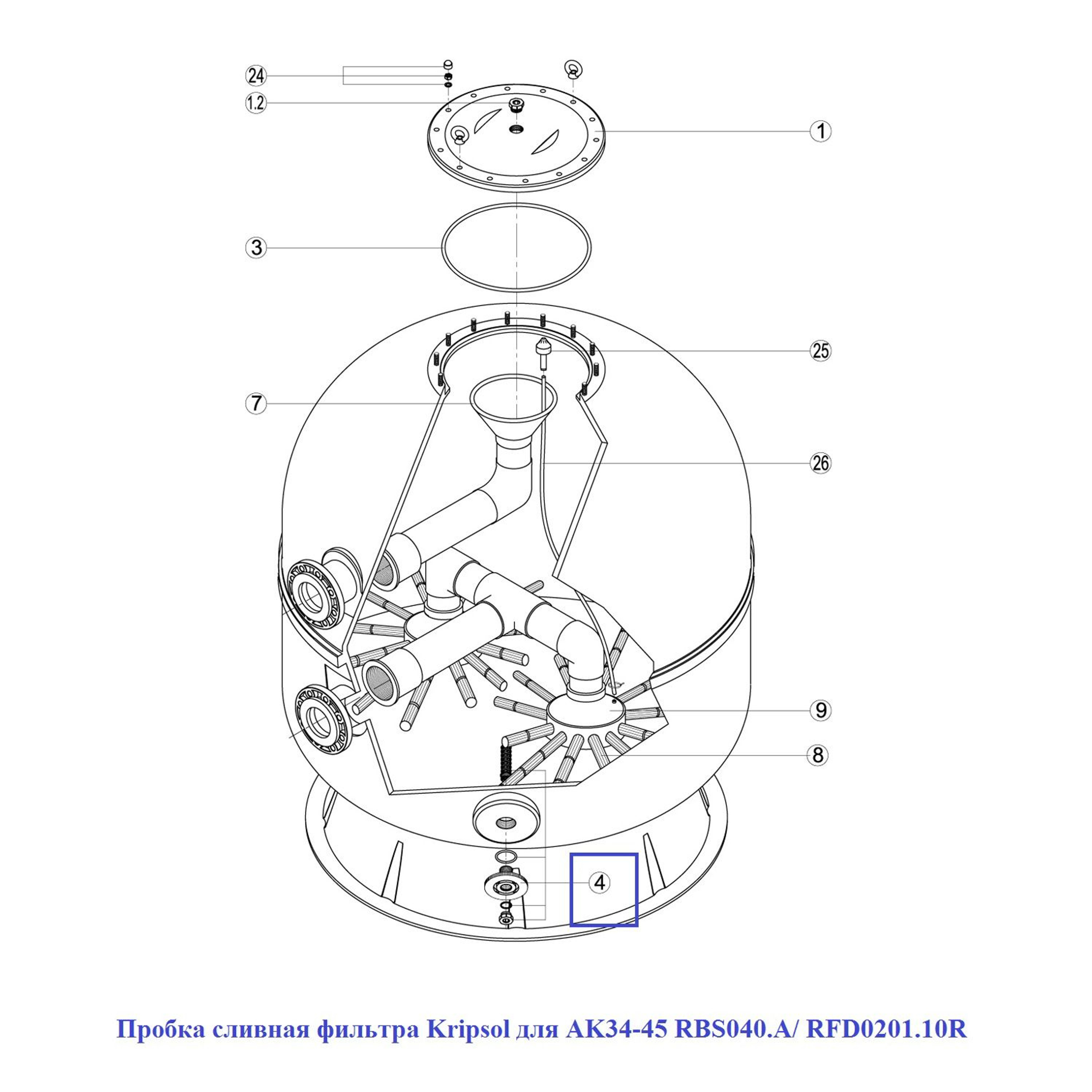 Пробка сливная фильтра Kripsol для AK34-45 RBS040.A/ RFD0201.10R, Артикул: 15893, Для фильтров и фильтрационных установок