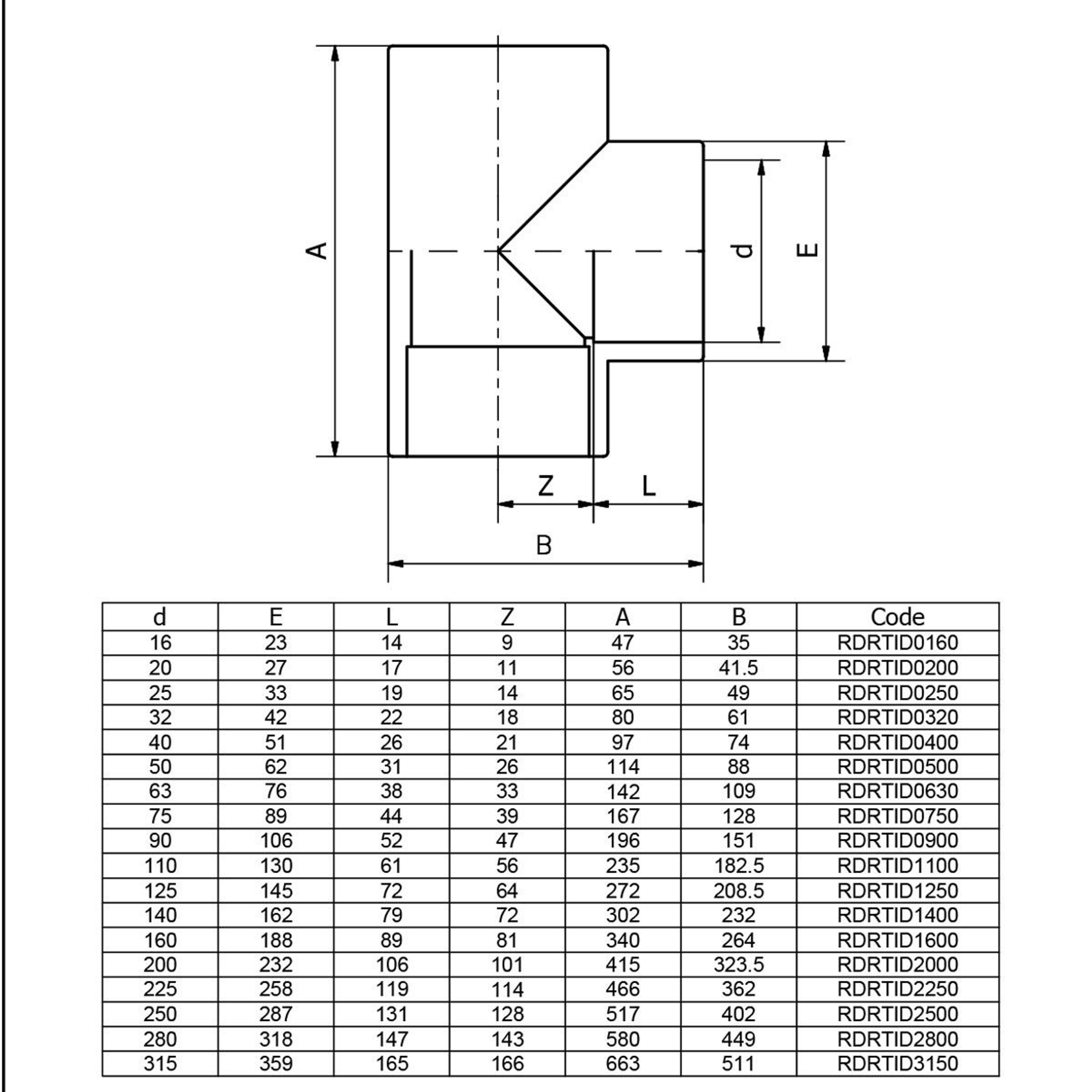 Тройник клеевой 90° EFFAST d40 мм (RDRTID0400), Артикул: 18751, фитинги ПВХ